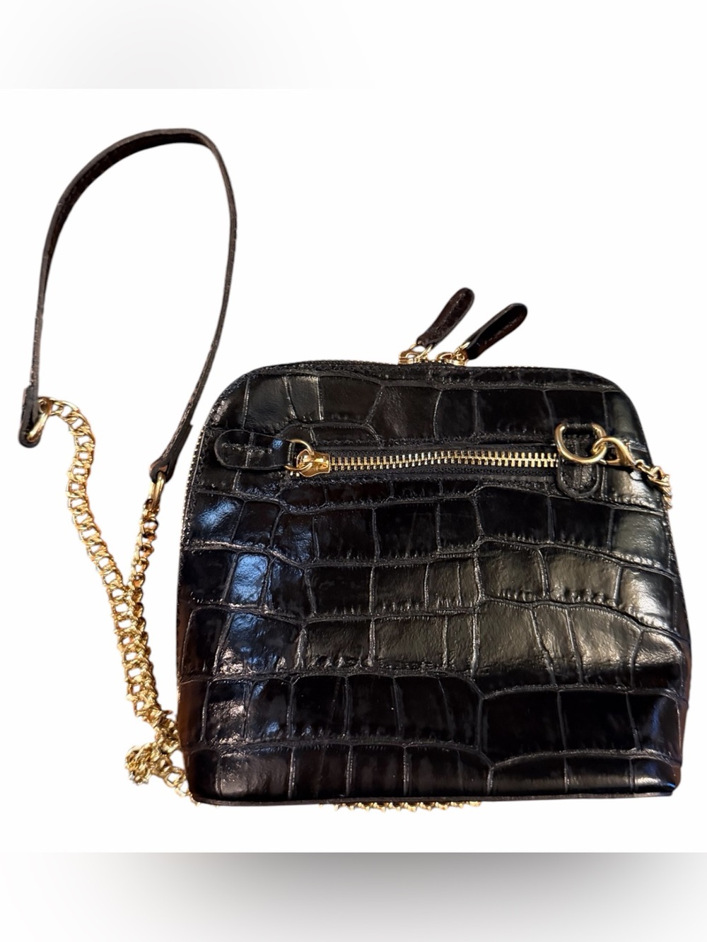 Pratesi Volterra King Crossbody Croco Embossed Black Leather Gold Chain - Picture 3 of 13